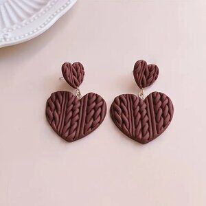 NEW Maroon heart dangle earrings, woven style heart earrings, stocking stuffer